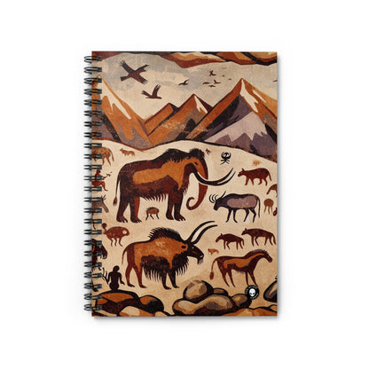 Title: "Ancient Encounter: The Battle of Giants" - The Alien Spiral Notebook (Ruled Line) Cave Painting