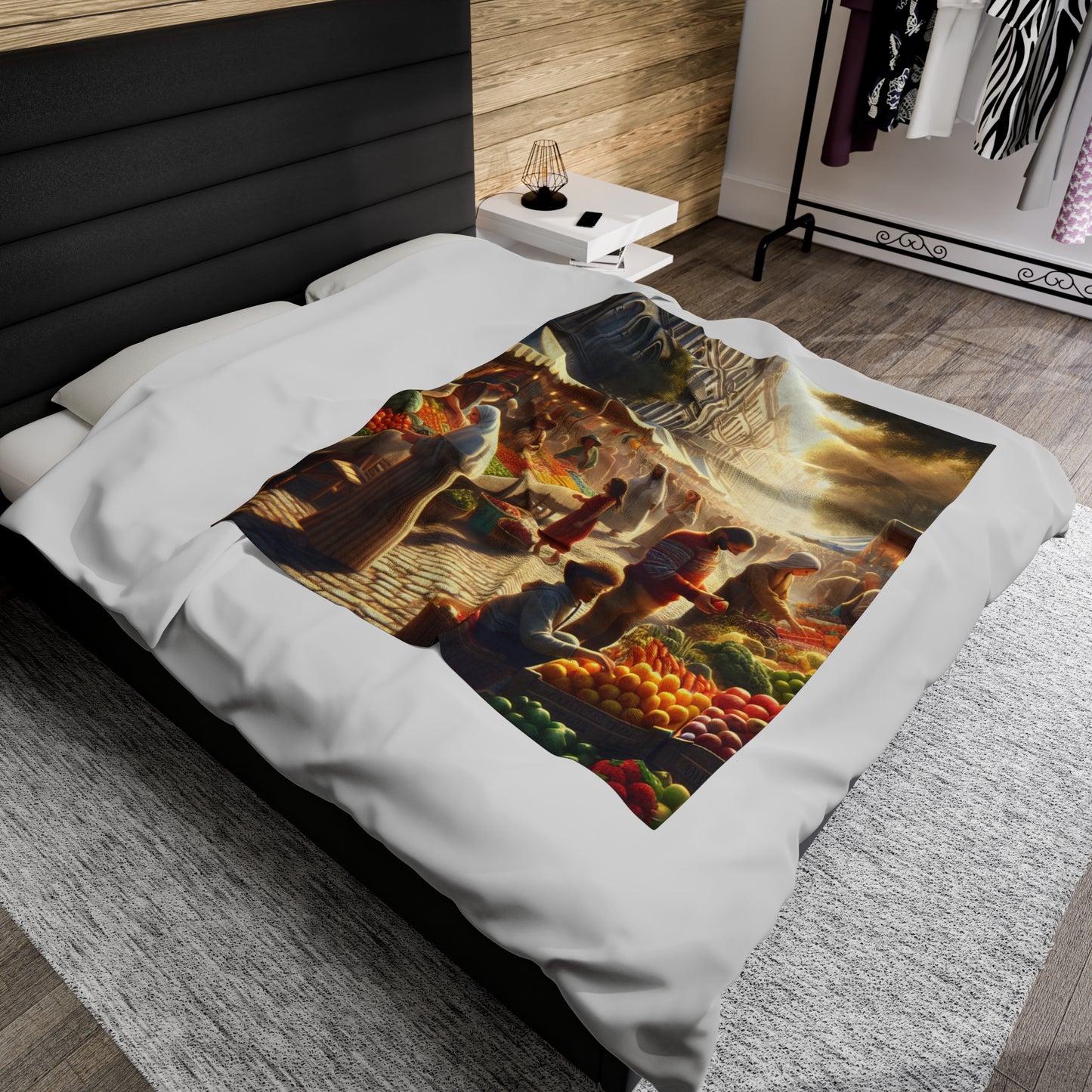 "Sunny Vibes at the Outdoor Market" - The Alien Velveteen Plush Blanket Realism Style