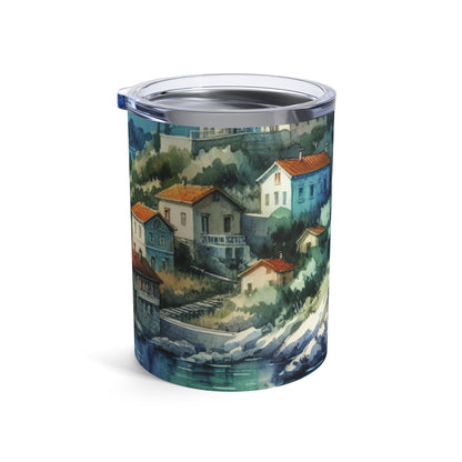 "Glimpse of a Seaside Haven" - The Alien Tumbler 10oz Watercolor Painting Style