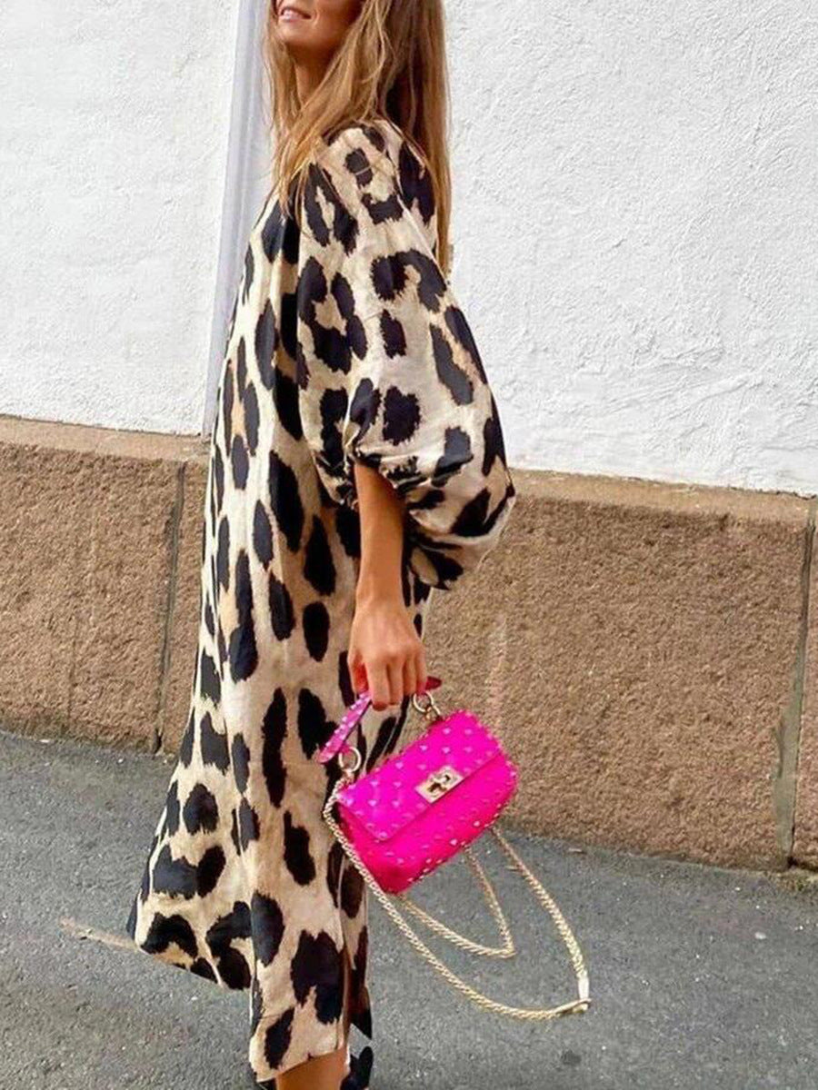 Vestido holgado con manga farol y estampado de leopardo