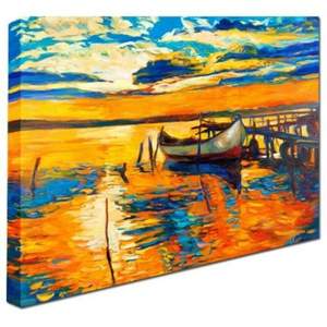 Yhhp Hand Painted Dock Boat Decoration Canvas Oil Painting- Orange  Blue