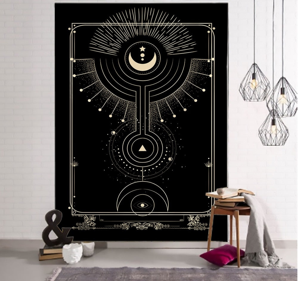 Witchcraft Tarot Tapestry Wall Hanging Black Khaki Sun Moon Star Universe Geometric Pattern Dorm Home