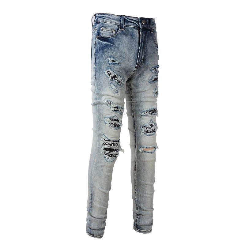 Light Color Printed Patch Elastic Slim Fitting Jeans For Men