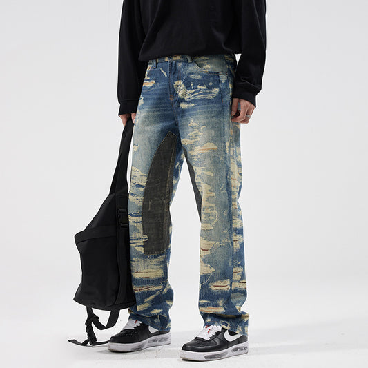 Washed Printed Straight Personality Street Fashionable Denim Trousers