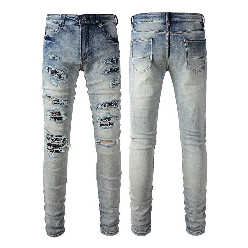 Light Color Printed Patch Elastic Slim Fitting Jeans For Men