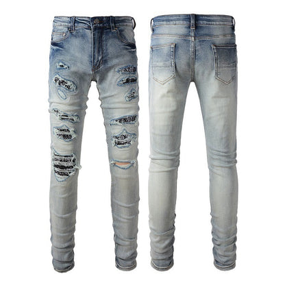 Light Color Printed Patch Elastic Slim Fitting Jeans For Men