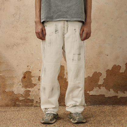 Spray Paint Printed High Street Straight Loose Casual Retro Trousers