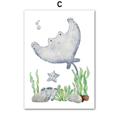 Sea Turtle, Seahorse, Whale, Starfish, Fish, Art Canvas, Nordic Art Poster