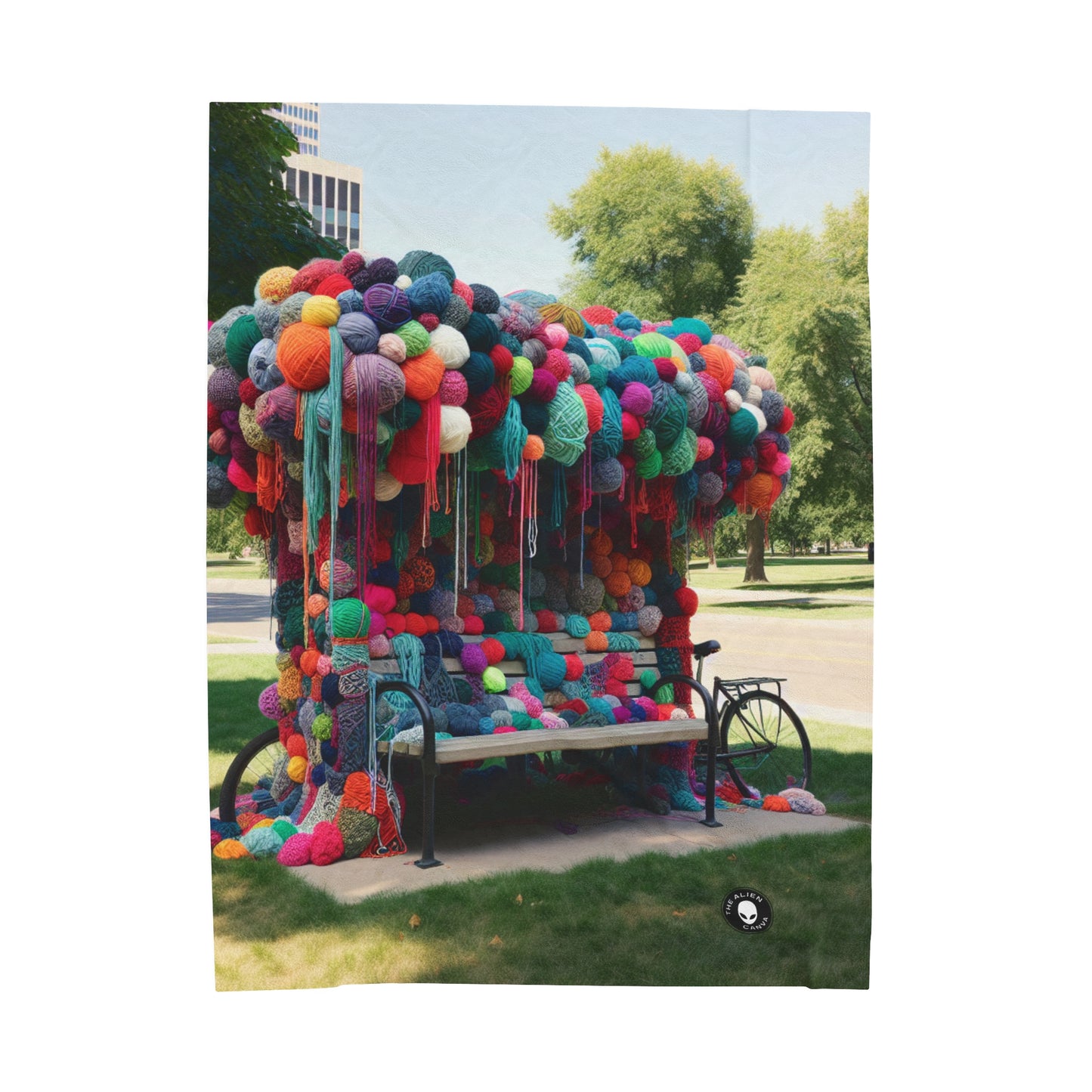 "Whimsical Wonders: Yarn-Bombing the Cityscape" - La couverture en peluche Alien Velveteen Yarn Bombing (Fiber Art)