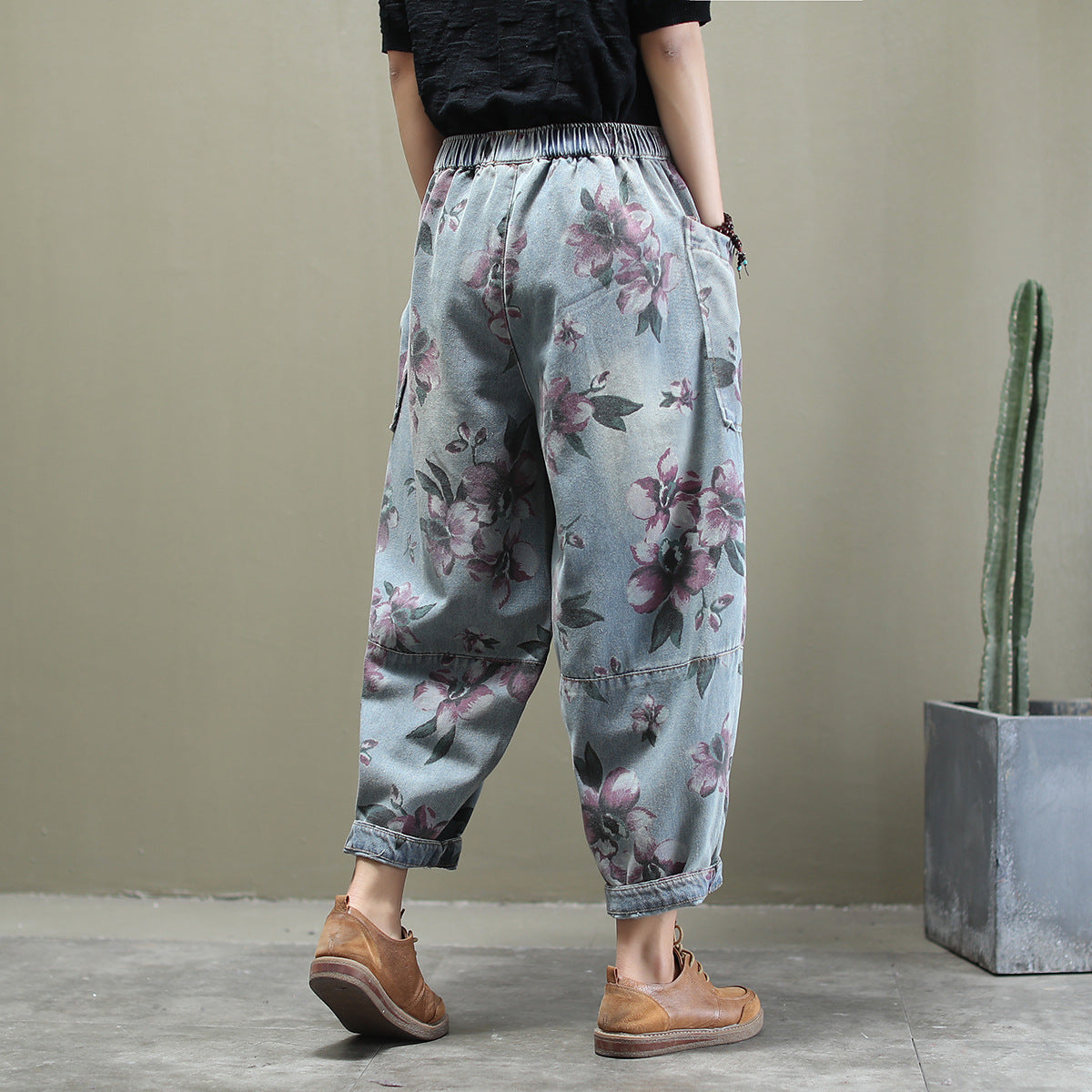 Loose all-match printed washed cotton jeans