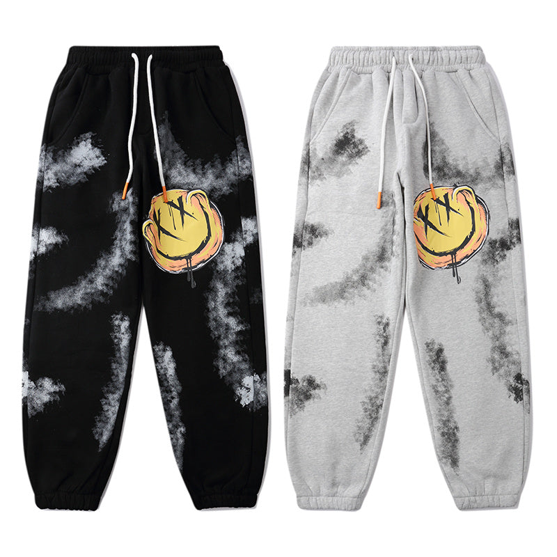 Tie-printed smiley print sports men's casual pants