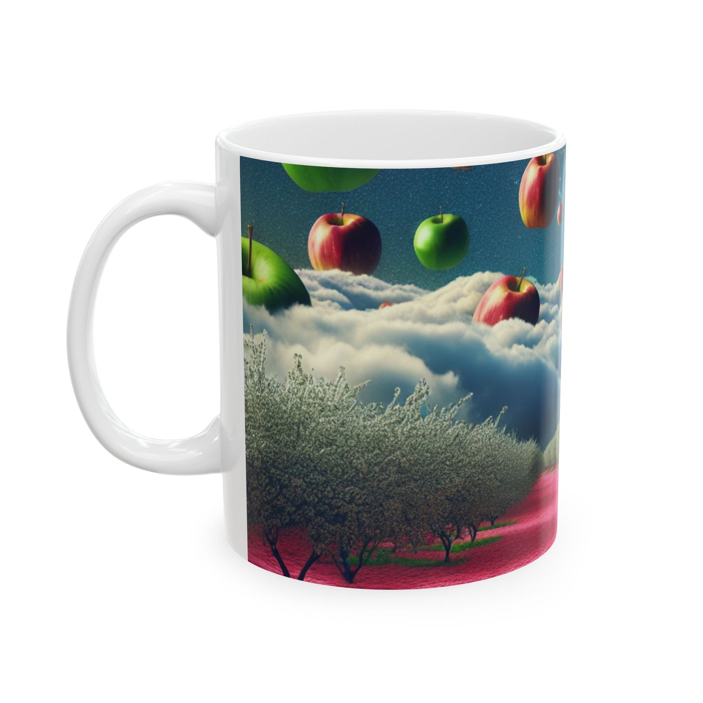 "Cielo de manzana y alfombra de flores rosas: un paisaje surrealista" - Taza de cerámica The Alien de 11 oz