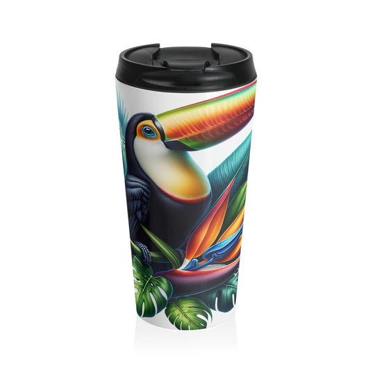 "Toucan on a Tropical Bloom" - The Alien Stainless Steel Travel Mug Hyperrealism Style