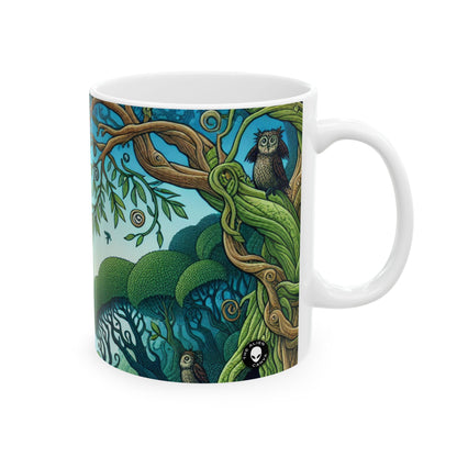 "Bosque encantado: donde los árboles bailan y las criaturas deambulan" - Taza de cerámica The Alien de 11 oz