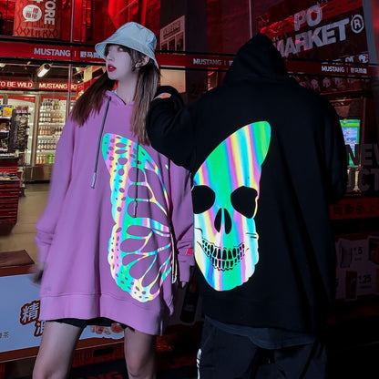 Laser Colorful Butterfly Skull Reflective Printed Hoodie