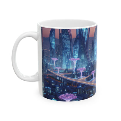 "La ciudad del mañana: naturaleza y tecnología entrelazadas" - Taza de cerámica The Alien de 11 oz