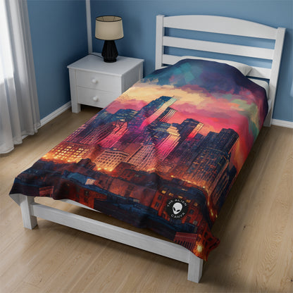 "Dusky Reflections: City Skyline at Sunset" - The Alien Velveteen Plush Blanket