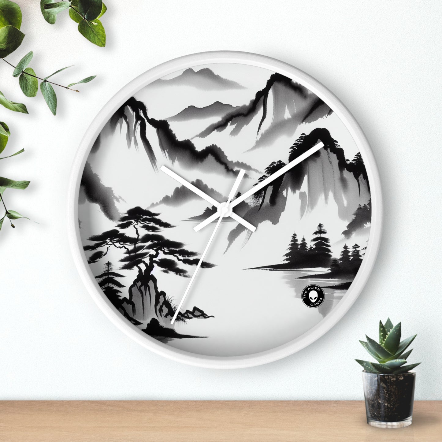 "Mountain Reflection: A Serene Zen Ink Painting" - The Alien Wall Clock Zen Ink Painting