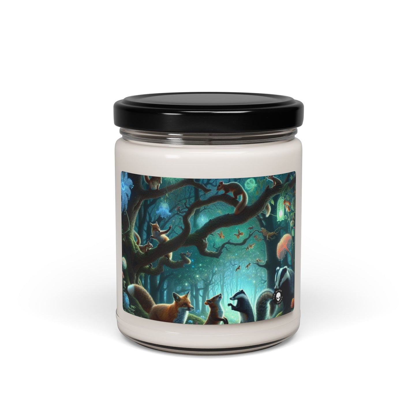 "Mystical Menagerie: Creatures frolicking in an enchanted forest" - The Alien Scented Soy Candle 9oz