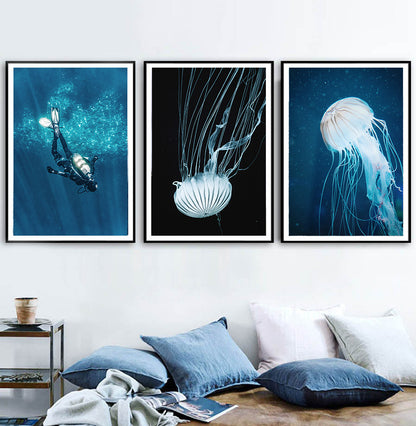 Scuba Diving Wall Art Canvas Dolphin Jellyfish Sea Turtle Marine Nordic Poster