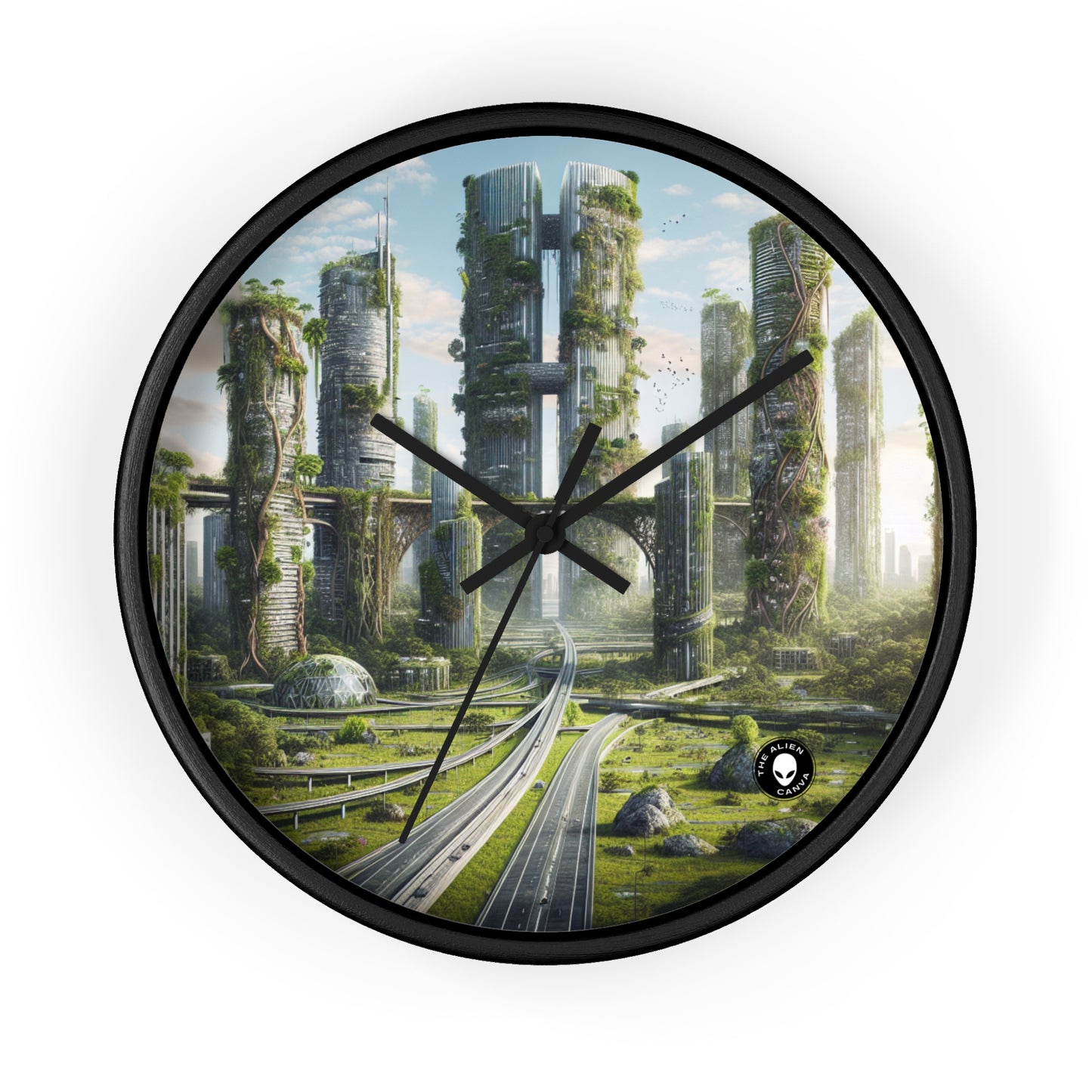 « La reconquête de la nature : un paysage urbain futuriste » – L'horloge murale Alien