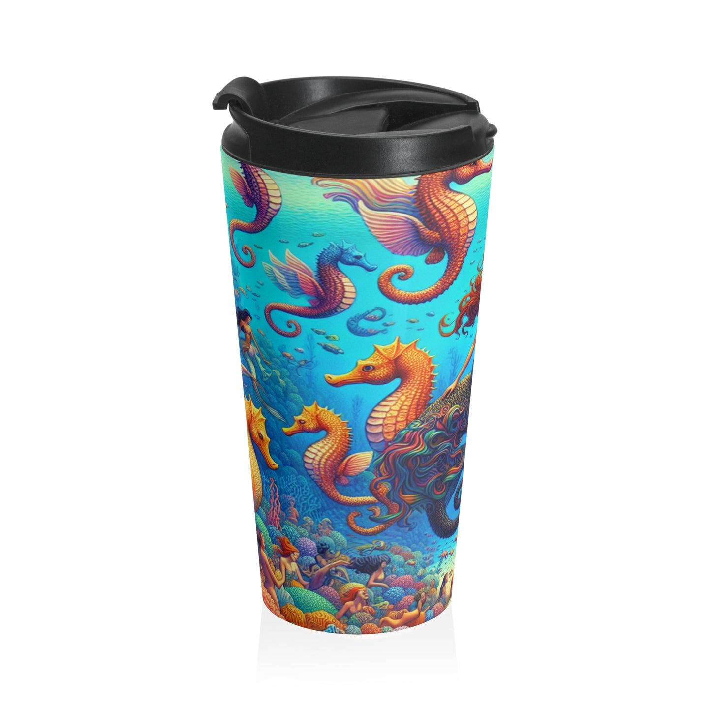 "Seahorse Serenade: un viaje mágico bajo el agua" - Taza de viaje de acero inoxidable The Alien