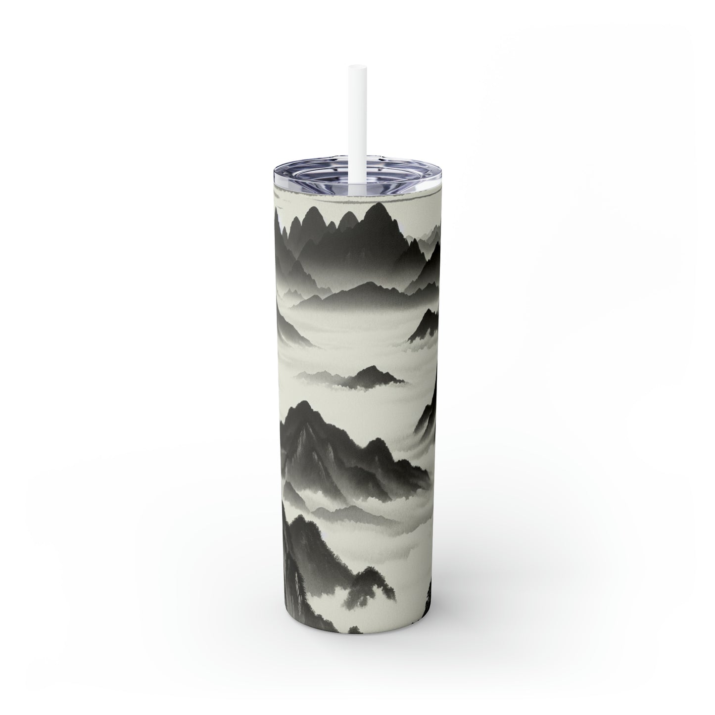 "Misty Peaks in the Fog" - The Alien Maars® Skinny Tumbler with Straw 20oz Ink Wash Painting Style