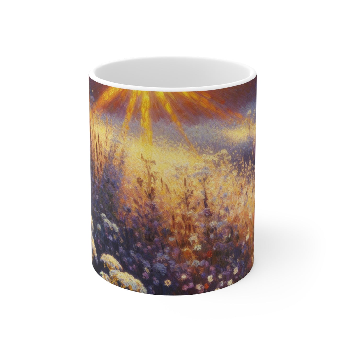 "Wildflower Sunrise" - Taza de cerámica alienígena estilo impresionista de 11 oz