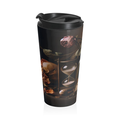 "Fleeting Beauty: A Vibrant Vanitas Painting Depicting the Passage of Time and Transient Nature of Life" - The Alien Stainless Steel Travel Mug Vanitas Painting