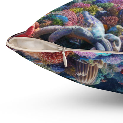 "Sunset Splendor: Underwater Coral Reef" - La almohada cuadrada de poliéster hilado alienígena