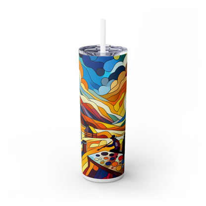 "Futuristic Neon Cityscape" - The Alien Maars® Skinny Tumbler with Straw 20oz Hard-edge Painting