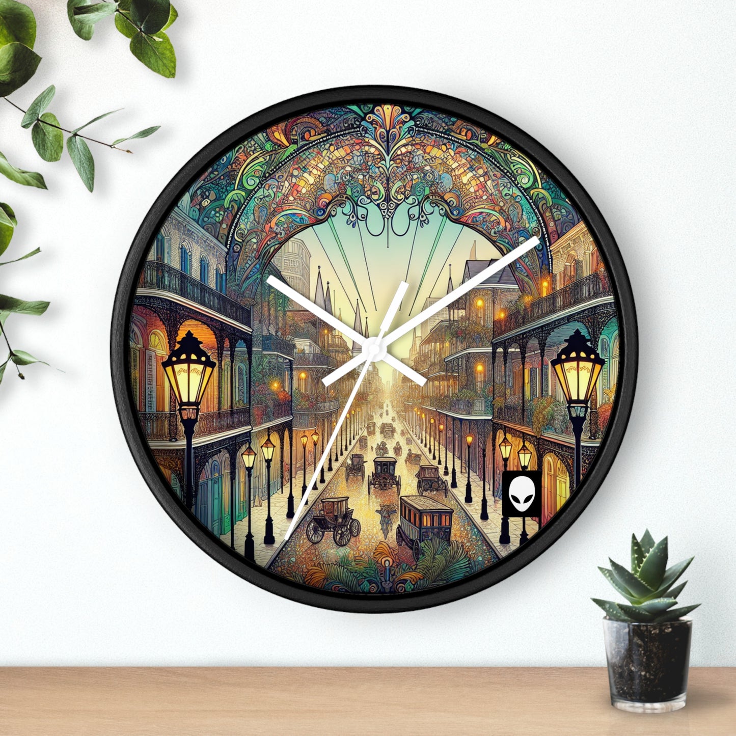 "Vivid Splendor: Une image du quartier français de la Nouvelle-Orléans" - L'horloge murale Alien de style Art Nouveau