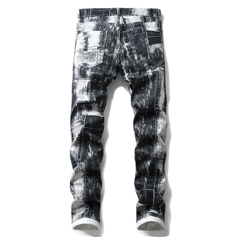 Youth Printed Straight Black Zipper  Front Casual Pants