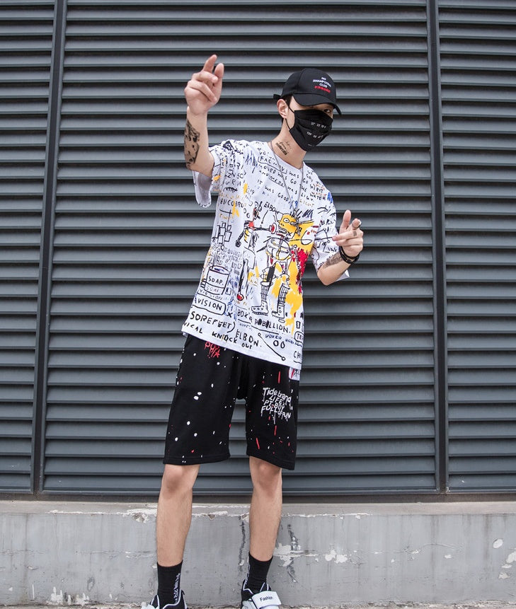 Top short sleeve graffiti T-shirt men's trend hip hop oversize loose half sleeve