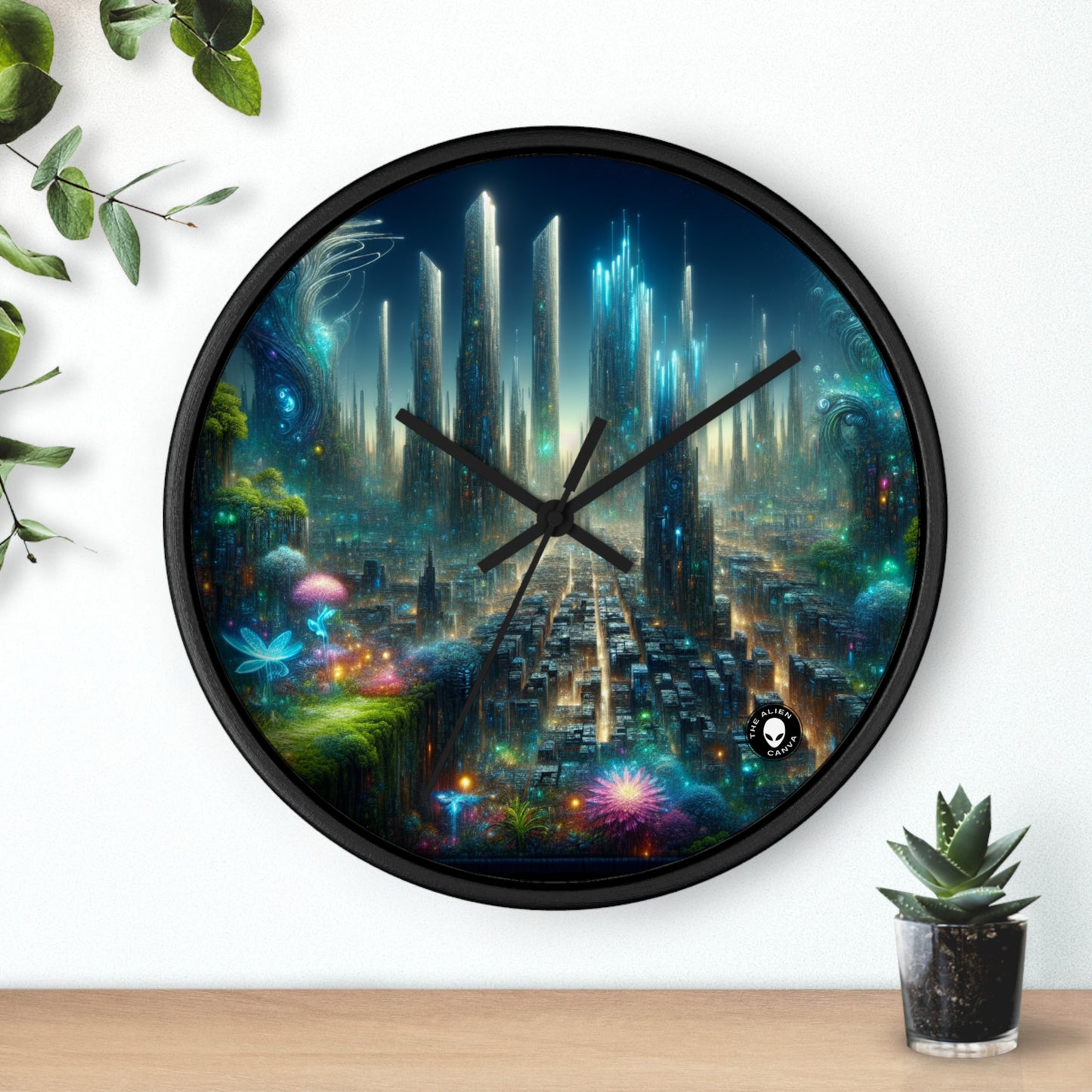 « Neon Oasis : un pays des merveilles urbain futuriste » – L'horloge murale Alien