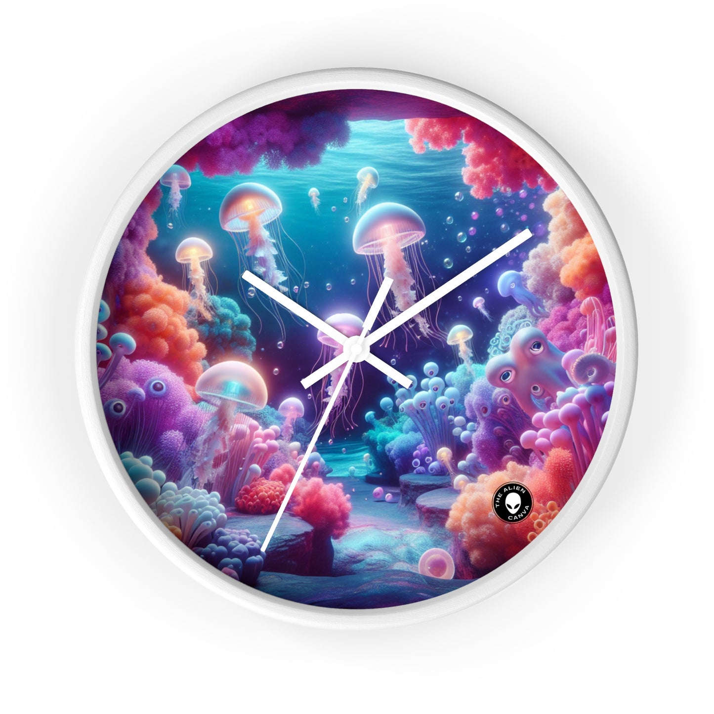 Enchanting Underwater Realm: Glowing Jellyfish and Curious Octopus - The Alien Wall Clock