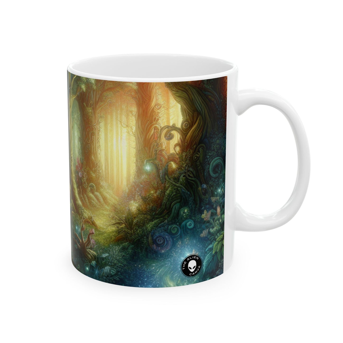 Bosque encantado: flores resplandecientes y seres místicos - Taza de cerámica alienígena de 11 oz