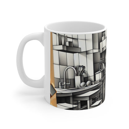 "Collage de cocina cubista" - Taza de cerámica The Alien estilo cubismo de 11 oz