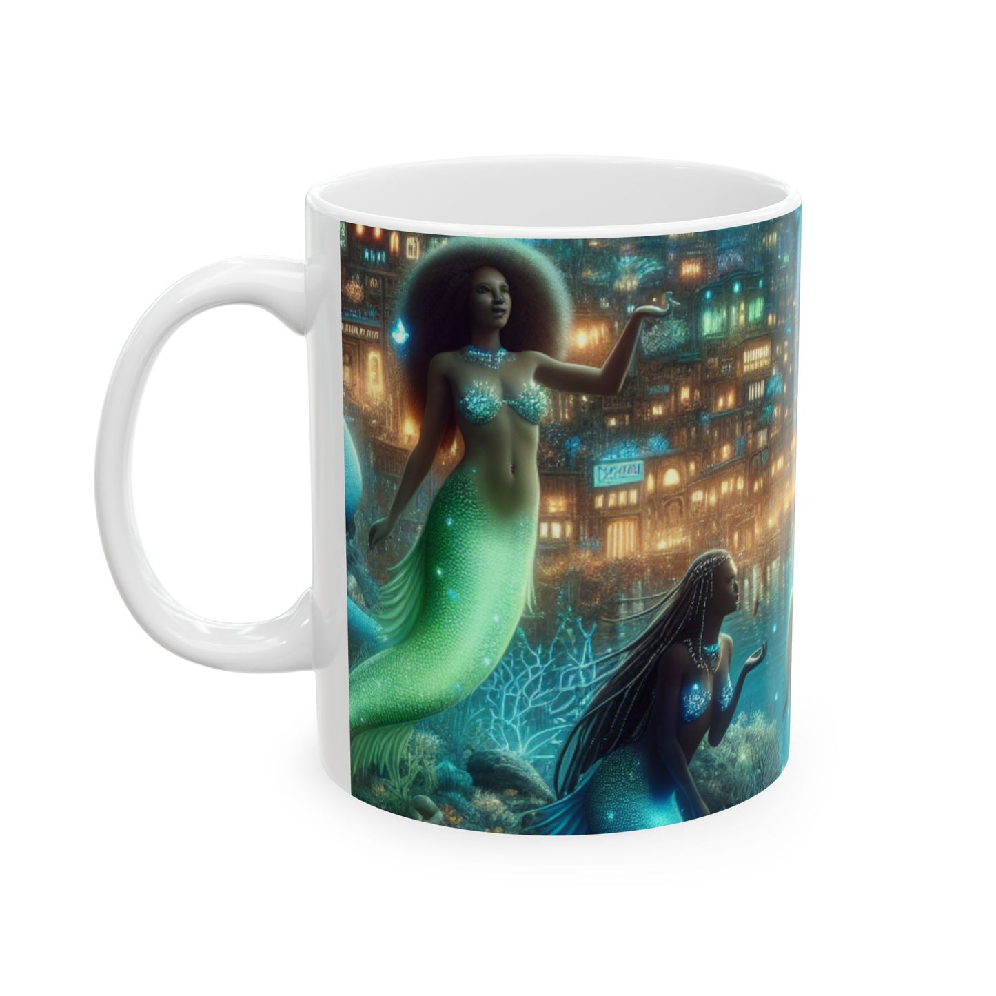 "Profundidades relucientes: la ciudad submarina encantada" - Taza de cerámica alienígena de 11 oz