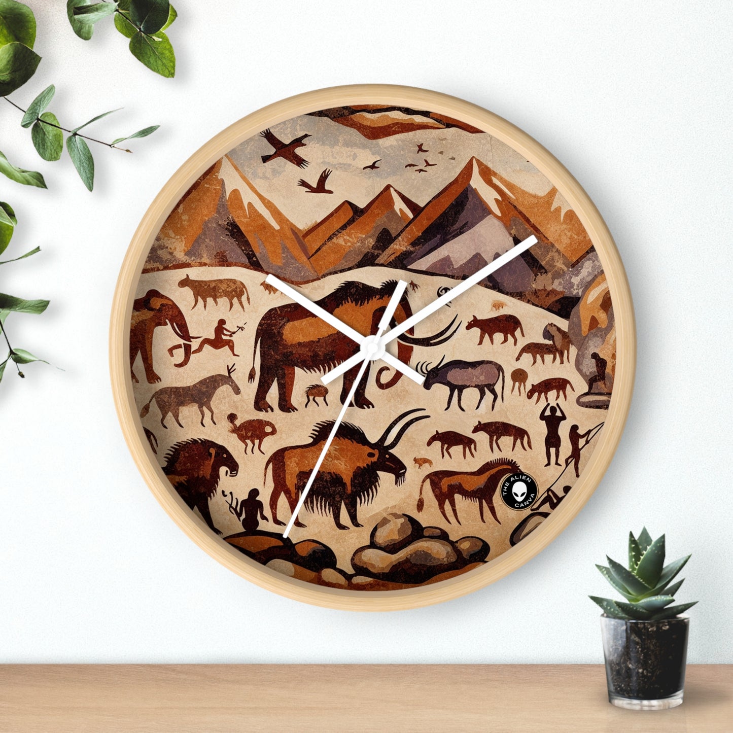 Title: "Ancient Encounter: The Battle of Giants" - The Alien Wall Clock Cave Painting