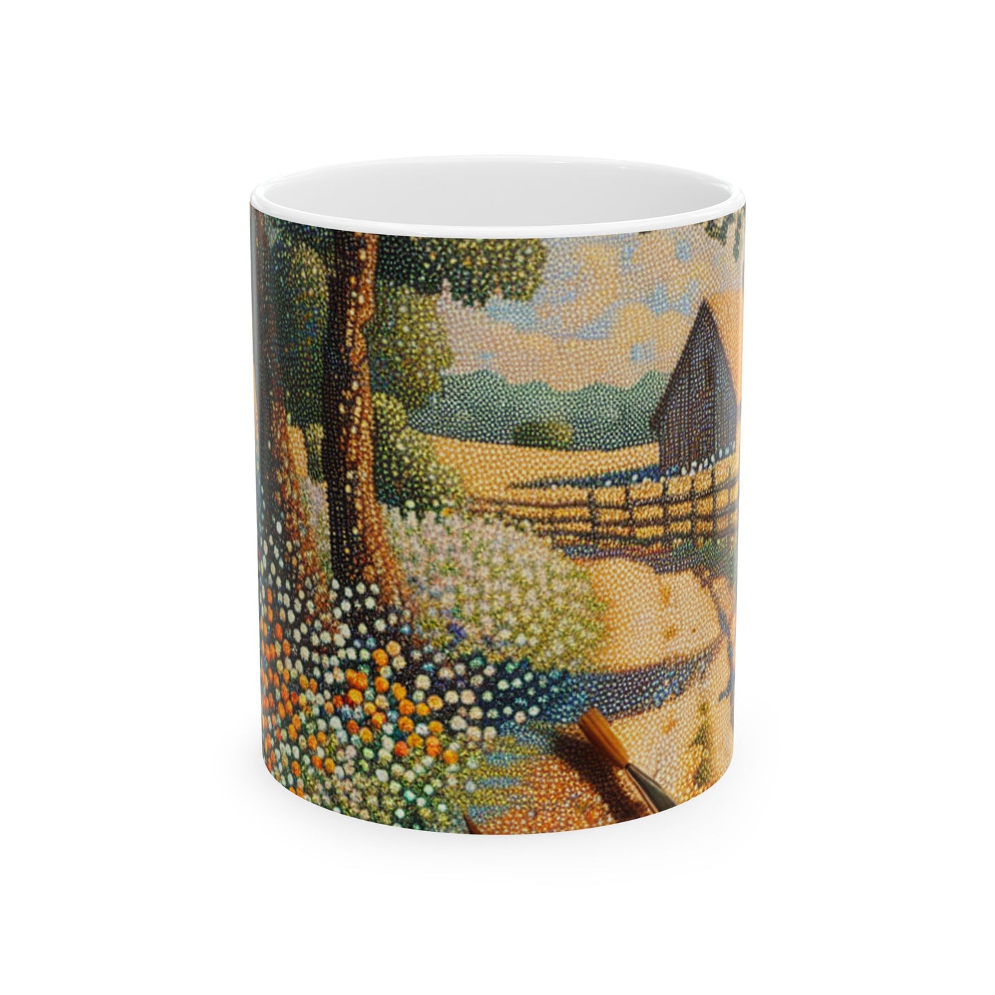 "Autumn Bliss: Pointillism Forest" - The Alien Ceramic Mug 11oz Pointillism