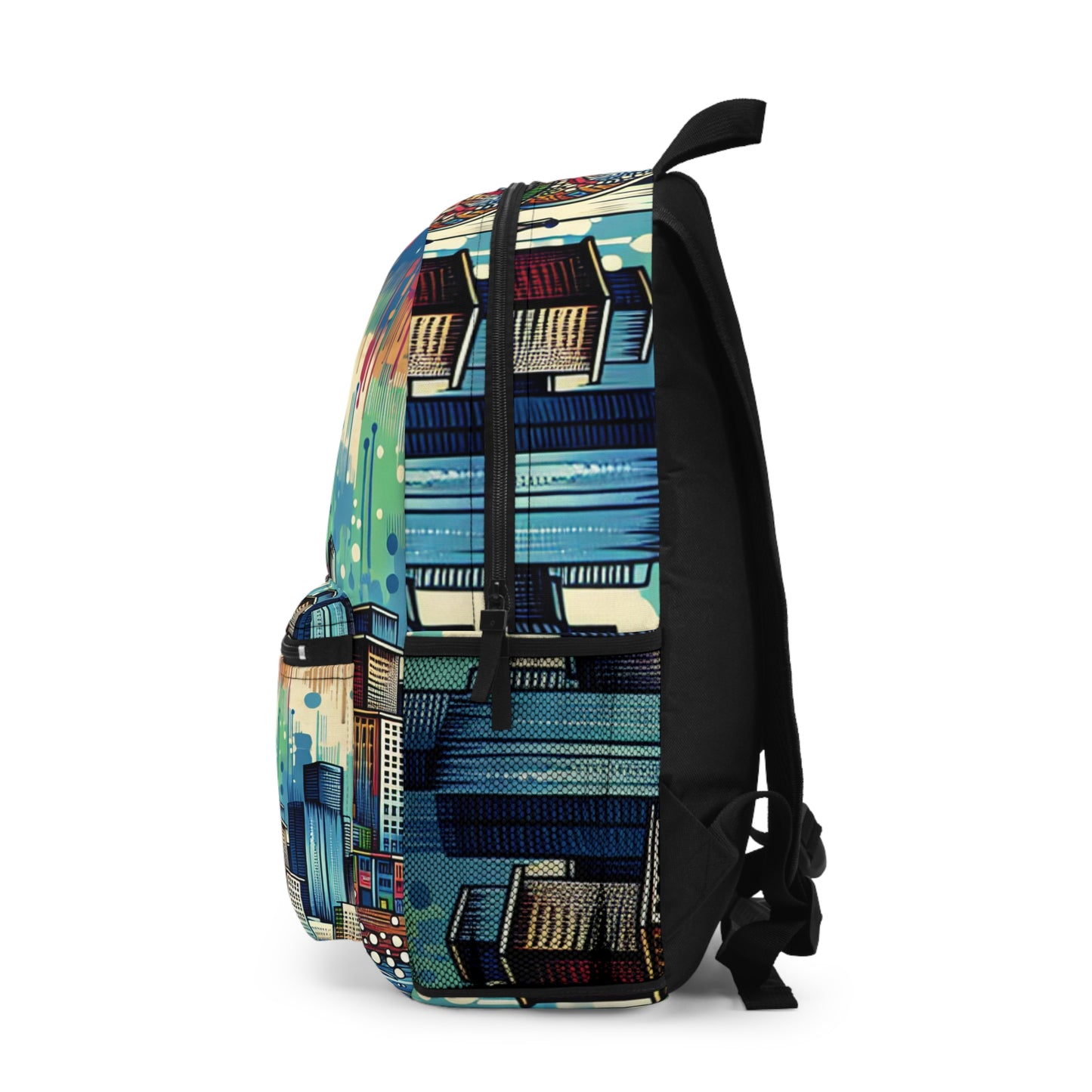 "Bright City: A Pop of Color on the Skyline" - The Alien Backpack Street Art / Graffiti Style