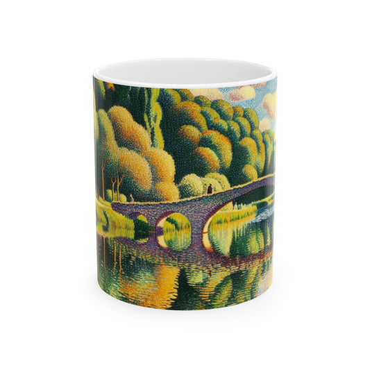 "Coucher de soleil tranquille : un paysage pointilliste" - La tasse en céramique Alien 11oz Pointillisme