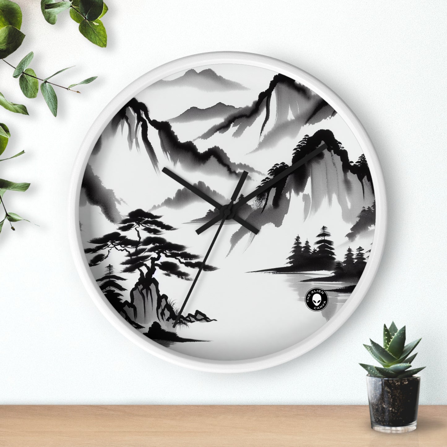 "Reflejo de la montaña: una serena pintura con tinta zen" - El reloj de pared alienígena Pintura con tinta zen