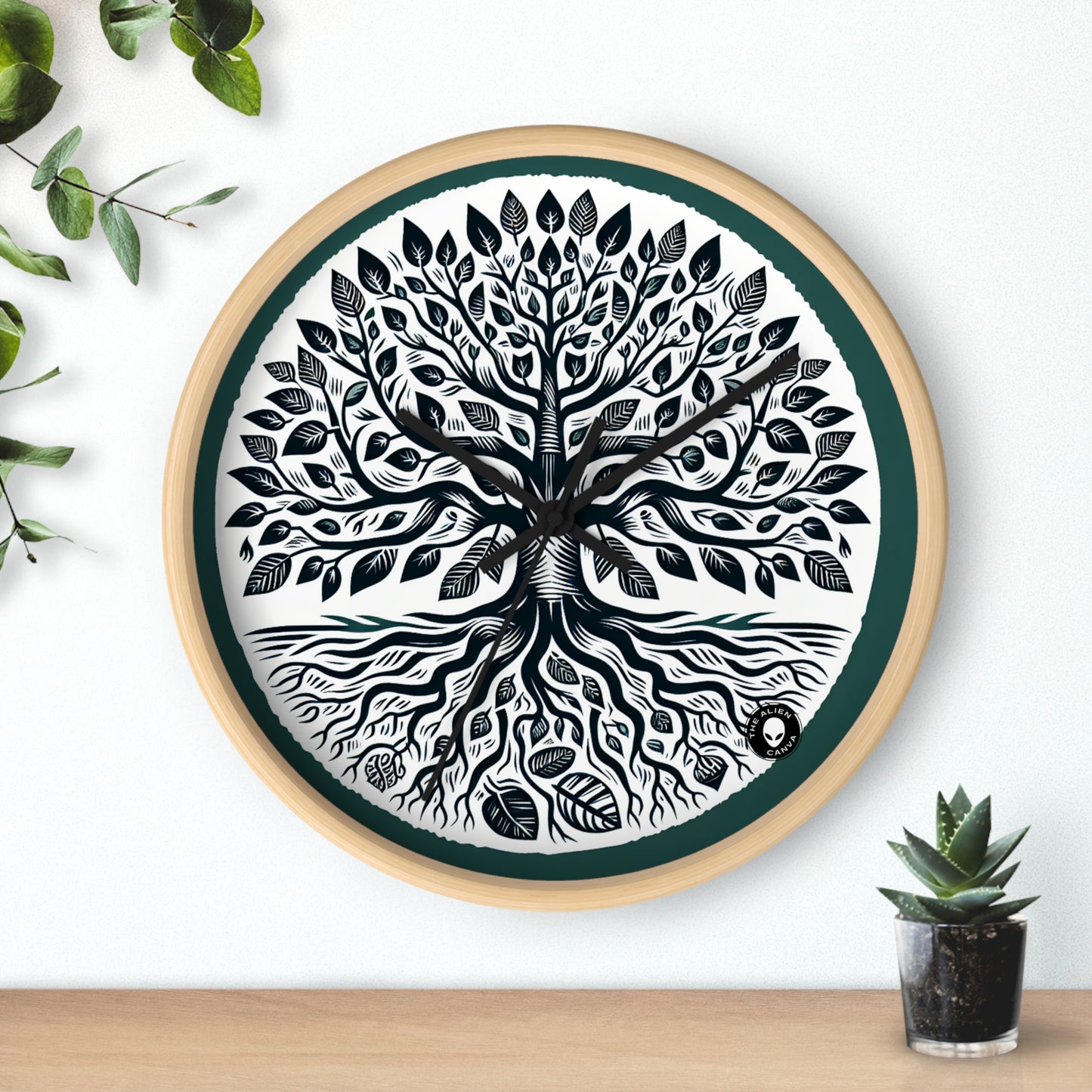 "Modern Woodcut Family Tree" - The Alien Wall Clock Woodcut Printing