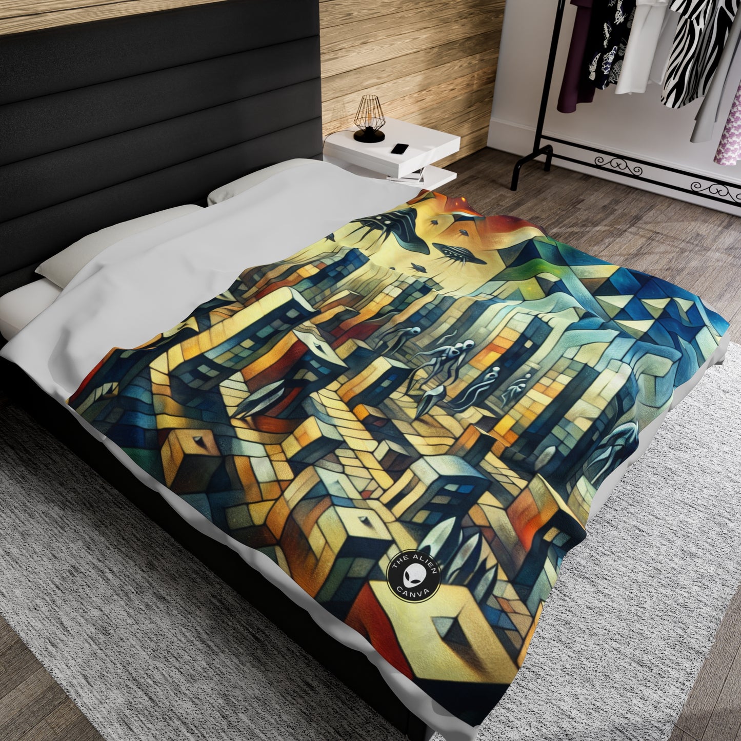 "Cubism in a Futuristic, Alien-Invaded City". - The Alien Velveteen Plush Blanket A futristic city invaded by aliens in cubism art style