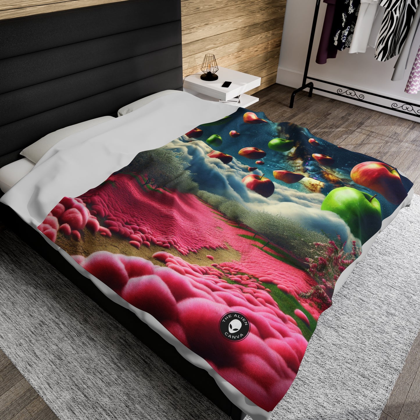 "Apple Sky and Pink Flower Carpet: A Surreal Landscape" - The Alien Velveteen Plush Blanket