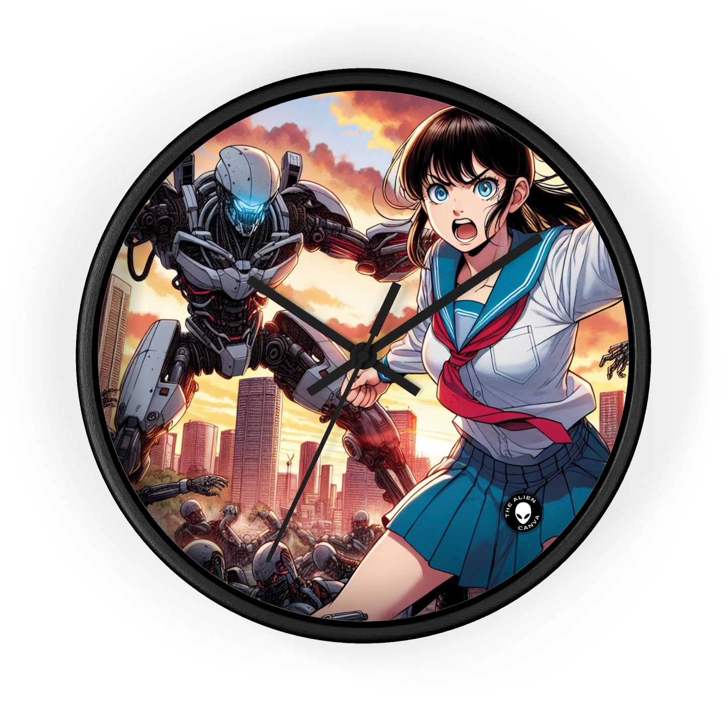 "Chica uniformada salva la ciudad de los invasores". - El reloj de pared alienígena Manga/Anime Art