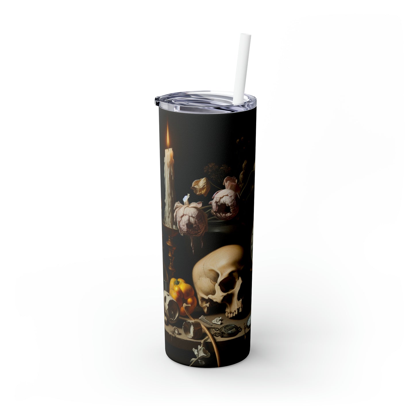 "Digital Decay: A Contemporary Vanitas Examining Consumerism in the 21st Century" - The Alien Maars® Skinny Tumbler with Straw 20oz Vanitas Painting