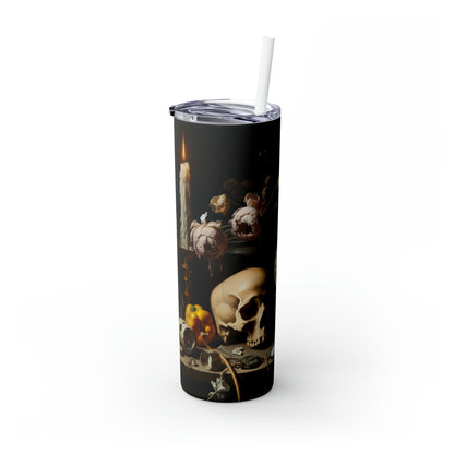 « Dégradation numérique : une vanité contemporaine examinant le consumérisme au 21e siècle » - The Alien Maars® Skinny Tumbler with Straw 20oz Vanitas Painting